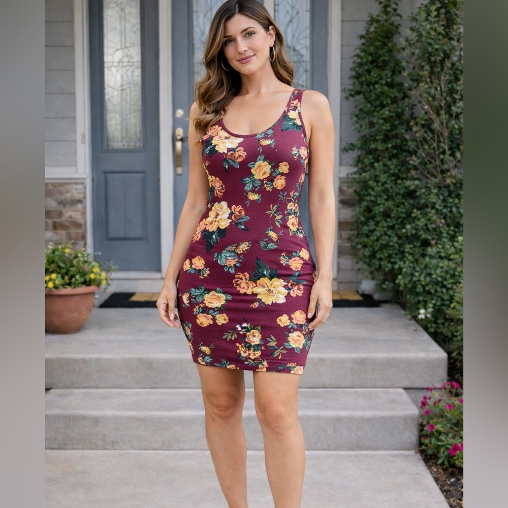Fashion Nova Women’s Floral Bodycon Mini Dress Burgundy Racerback Size Medium